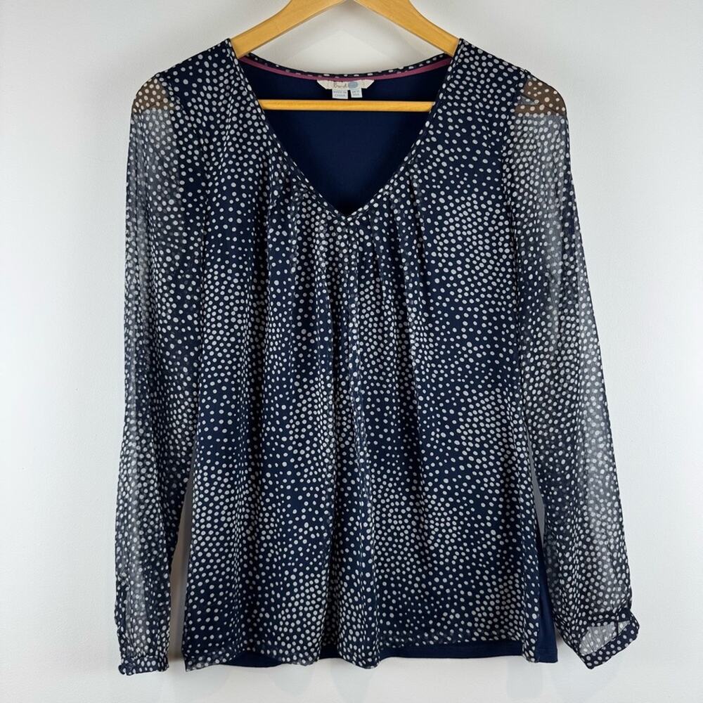 Boden Aubrey Navy Blue Polka Dot Women's Top ~ Jersey/Chiffon ~ 6